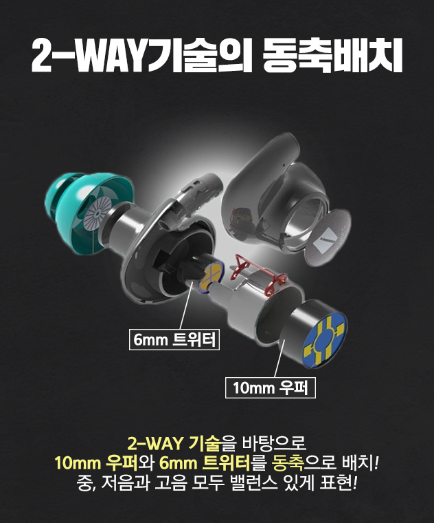 2-WAY기술의 동축배치. 2-WAY 기술을 바탕으로 10mm 우퍼와 6mm 트위터를 동축으로 배치하였습니다. 자동화된 생산설비로는 만들어낼 수 없는 소리를 표현한 ED-300! 이로 인해 중, 저음과 고음 모두 밸런스 있게 표현할 수 있습니다.