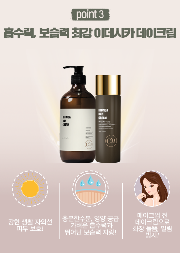 흡수력과 보습력까지, 이데시카 데이크림. 생활 자외선으로부터 피부를 보호하며 피부에 가볍게 흡수되어 피부 장벽을 강화하고 충분한 수분과 영양 공급으로 가벼운 흡수력과 뛰어난 보습력을 자랑합니다. 메이크업 전 데이크림으로 화장의 들뜸, 밀림까지 방지해 보세요.