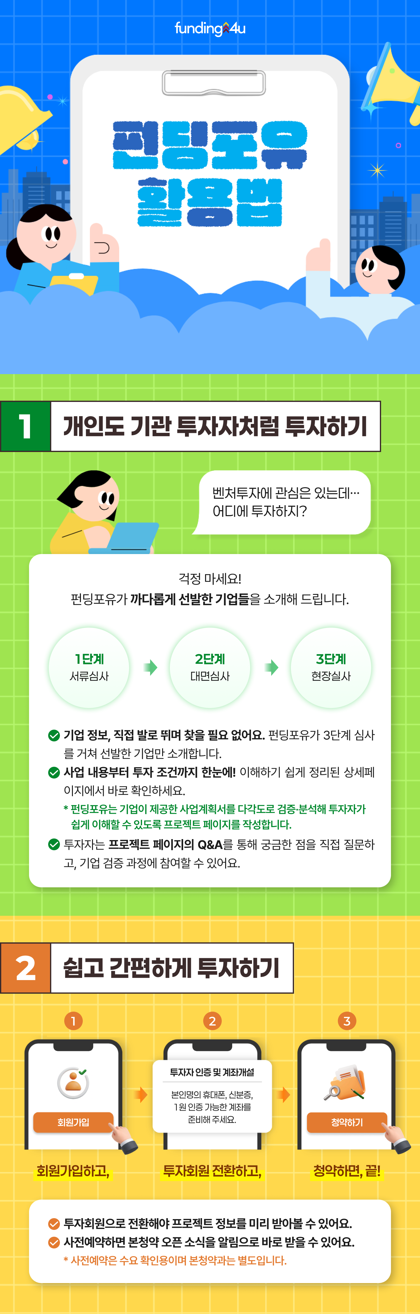 펀딩포유 활용법 인포그래픽 1편 - 개인도 기관 투자자처럼 투자하기, 쉽고 간편하게 투자하기. 3단계 심사(서류심사-대면심사-현장실사)를 거친 검증된 기업에 회원가입, 투자회원 전환, 청약하기 3단계로 간편하게 투자할 수 있는 크라우드펀딩 플랫폼 펀딩포유 소개.